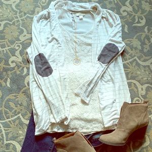 White and gray long cardigan with elbow patches